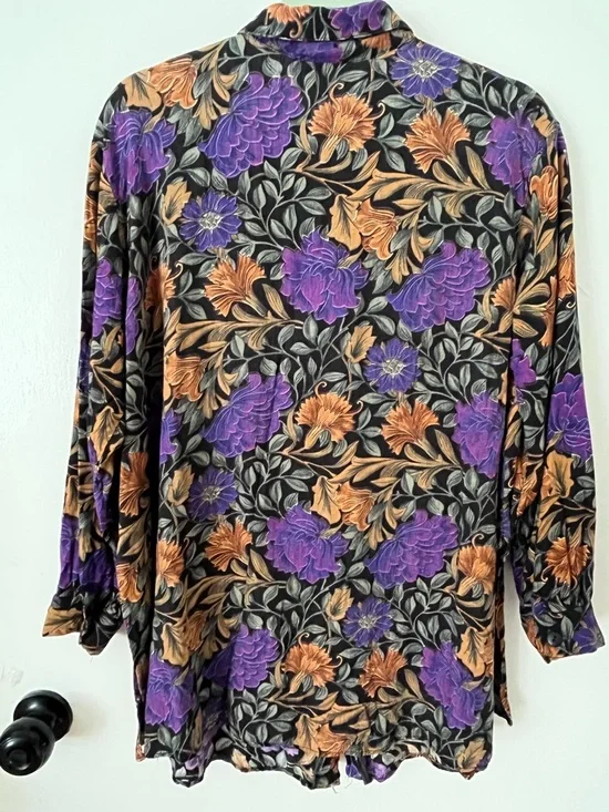 Vintage 90s Exposé Black & Purple Floral Button Up Long Sleeve Shirt Retro Large - Picture 6 of 11